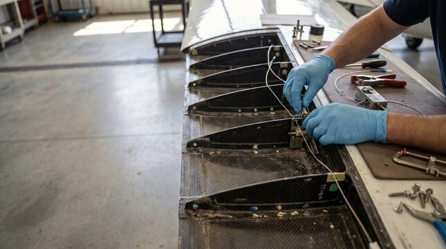 National Aviation Day craftsmanship as a technician meticulously works on an aircraft wing assembly in a hangar