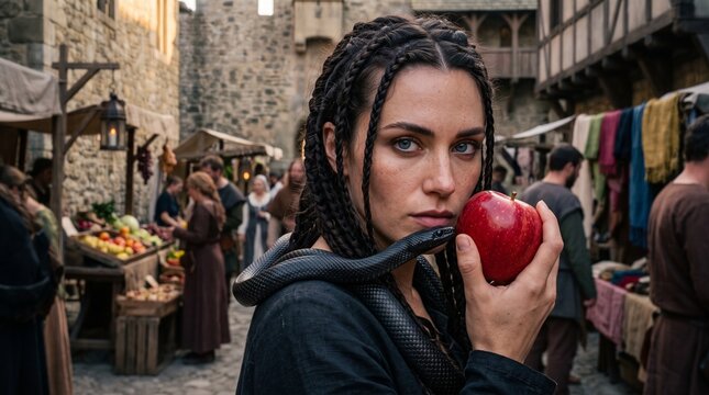 Intriguing scene of a woman in medieval market holding an and snake
