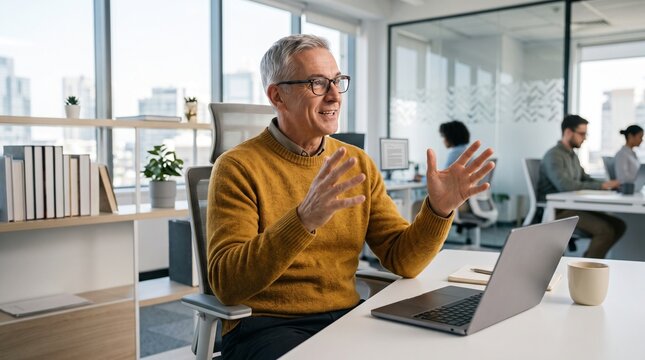 Business professional engaging in virtual meeting with laptop in modern office