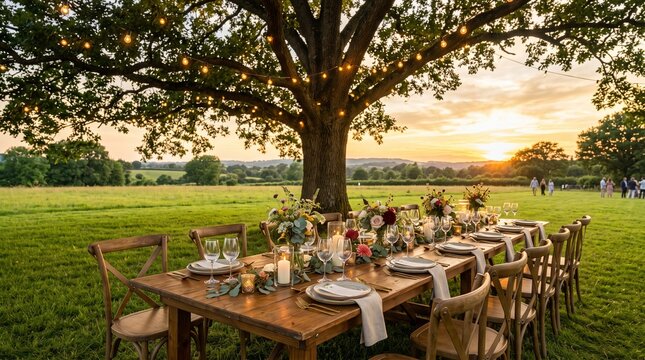 Charming outdoor dining setup under a tree during a beautiful sunset
