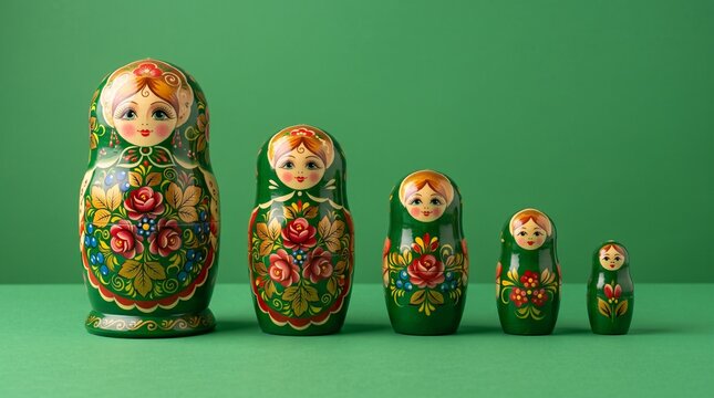 Colorful russian matryoshka dolls nesting on green background