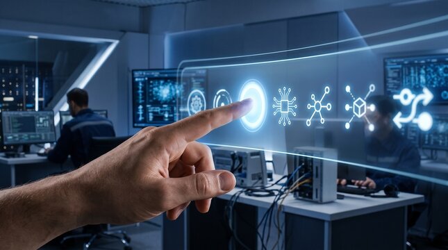 Futuristic technology interface interaction in a high tech environment