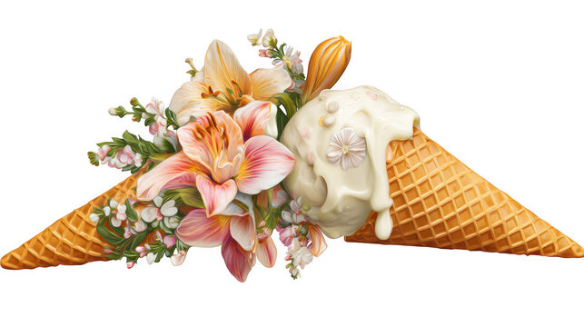 Creamy vanilla ice cream cone topped with melting white rabbit and delicate pink lilies