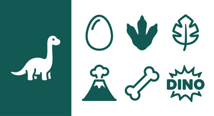 Dark teal dinosaur icon set with flat vector brachiosaurus, egg, footprint, leaf, volcano, bone, and DINO text burst on white background for web and graphic design projects. © Latifatul