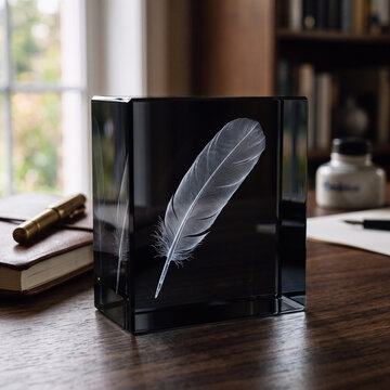 Feather engraved in glass block. Crystal paperweight with quill design on office desk.