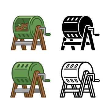 Four different colored icons of compost tumblers on wooden stands for garden waste management and recycling purposes easily