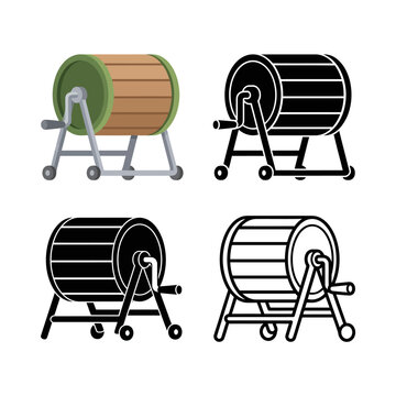 Four different colored illustrations of a cable spool on a stand with wheels for cable management and organization purposes