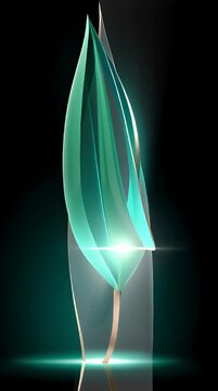 Abstract leaf logo design featuring a stylized green sprout emerging from sleek metallic curves symbolizing growth innovation and sustainable technology against a dark background