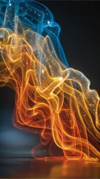 Abstract light painting photography showcasing swirling patterns of vibrant blue and orange hues evoking a sense of movement energy and futuristic technology against a dark background