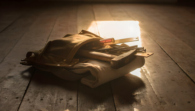 A neatly folded cloth bag containing work tools sits on the old wooden floor.