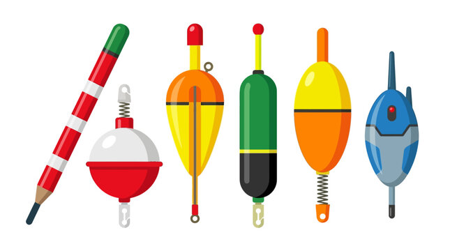 Collection of various colorful fishing floats and bobbers for angling tackle equipment set