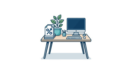 Fototapeta premium A clean illustration of a modern office desk with a computer and a potted plant