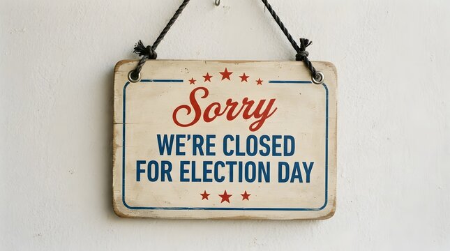 Sorry were closed for election day wooden sign hanging on a white wall
