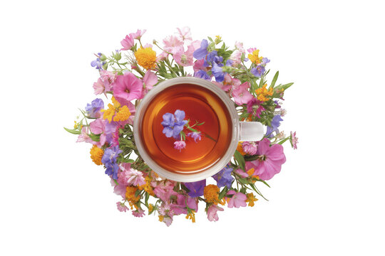 Freshly brewed herbal tea surrounded by colorful wildflowers in a vibrant arrangement