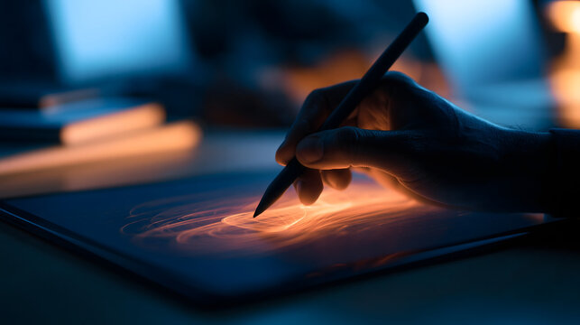 Close up of hand drawing with stylus pen on graphic tablet with glowing orange light