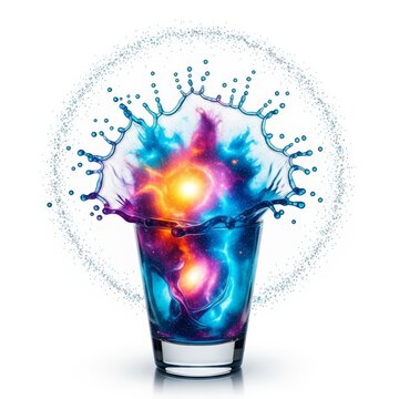 A sleek glass filled with neon cosmic fluid exploding in a vibrant nebula splash, surrounded by levitating stardust on a white backdrop, macro, art, rendering