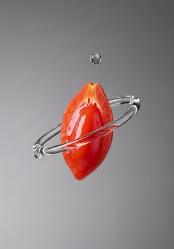 A sliced goji berry floats in mid-air, revealing a luminous ruby juice core as a clear liquid stream orbits it against a gray background, motion, macro, suspended