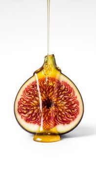 A sliced ripe fig reveals a glowing golden core as thick honey drips down elegantly against a clean white background in a studio setting, drip, isolated, glossy