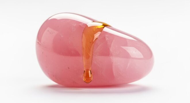 A smooth pink rose quartz stone with a single spherical drop of golden oil sliding down its surface against a clean white background, rose quartz, pure, beauty
