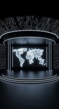 A sophisticated dark auditorium features a curved stage and a glowing neon white global network map backdrop with digital wall circuitry, atmosphere, professional, global