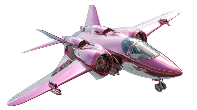 Futuristic fighter jet with sleek pink metallic design and exposed engine details