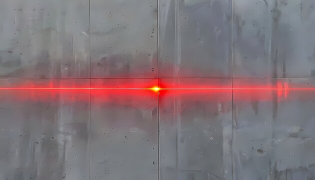 Close up of red digital laser level line projected on architectural concrete wall