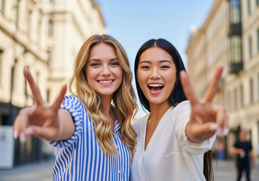 A close-up photo of two friends of different nationalities, posing with a stylish V symbol for selfies while traveling abroad.