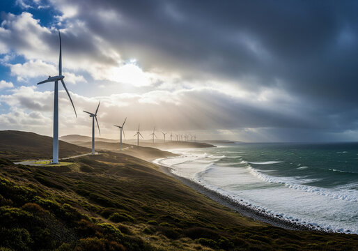 Scenic Wind Turbines in a Rural Landscape at Sunset, Silhouette of Wind Farm Against a Golden Hour Sky in Natural Light