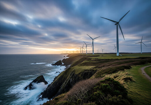 Scenic Wind Turbines in a Rural Landscape at Sunset, Silhouette of Wind Farm Against a Golden Hour Sky in Natural Light