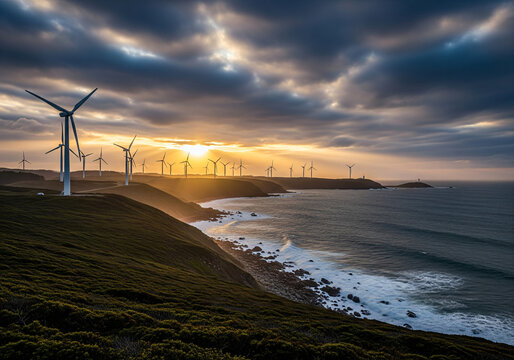Scenic Wind Turbines in a Rural Landscape at Sunset, Silhouette of Wind Farm Against a Golden Hour Sky in Natural Light