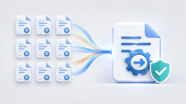 3D concept of batch file processing and secure data consolidation showing multiple documents merging into a verified master file.