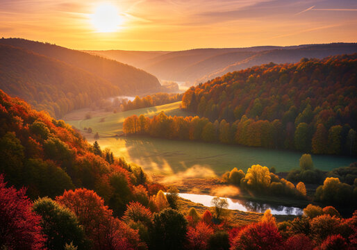 Aerial view of beautiful curving river in low clouds at sunrise in autumn. Turns of river, meadows and fields, grass, orange trees, golden sun rays at dawn in fall. Top view of river coast.