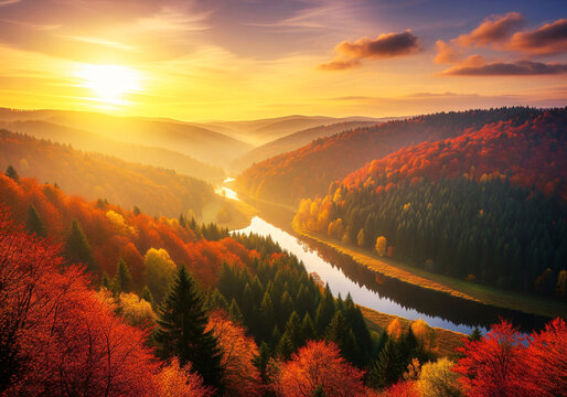 Aerial view of beautiful curving river in low clouds at sunrise in autumn. Turns of river, meadows and fields, grass, orange trees, golden sun rays at dawn in fall. Top view of river coast.