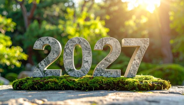 Stone numbers 2027 symbolizing a new year in a mossy garden with sunlight shining through trees
