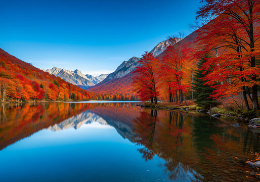 Autumnal river reflecting vibrant fall foliage.
