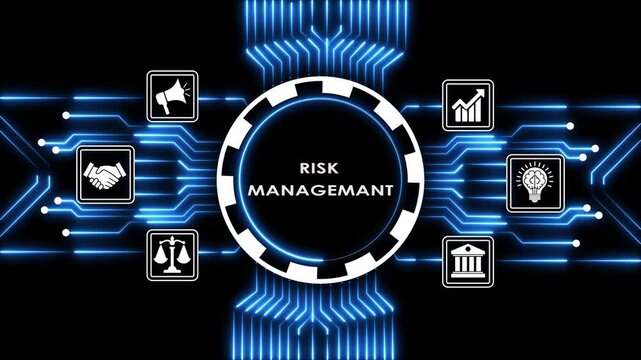 Risk management concept shown with business icons on a digital circuit board background.