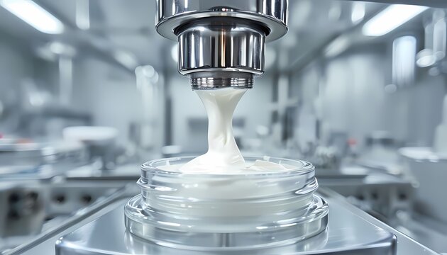 Close up of stainless steel filling nozzle dispensing cream into cosmetic jar in sterile factory