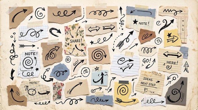 Abstract doodles and handwritten notes collage artwork.