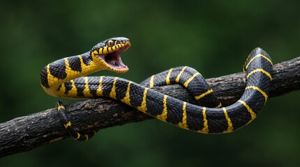 Obraz premium Black and Yellow Snake Coiled in Tropical Forest Close Up