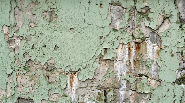 Vintage green peeling paint texture. Rusty metal background with grunge aesthetic.