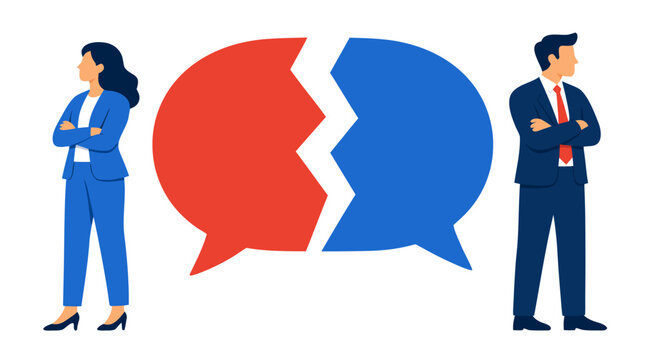 Two businesspeople standing on opposite sides of a broken speech bubble, not communicating, bold flat colors, vector illustration concept of misunderstanding and failed conversation
