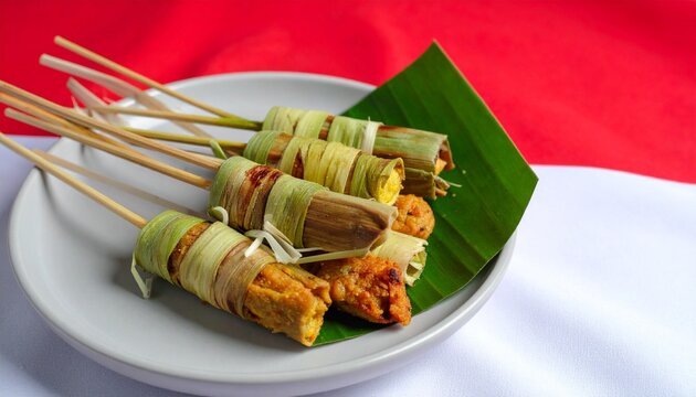 Traditional Indonesian sate lilit wrapped around lemongrass sticks with flag