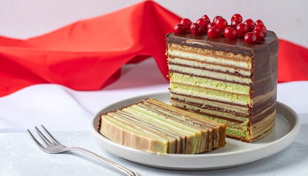 Layered Lapis Legit Cake Sliced Elegantly with Red and White Backdrop
