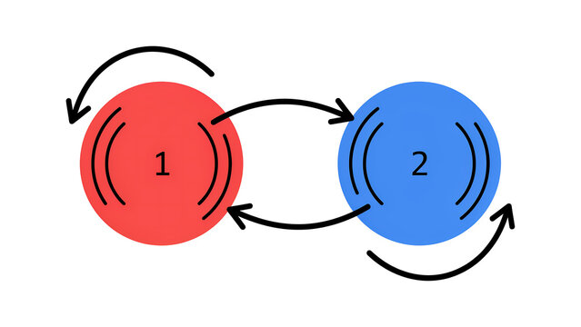 Schematic diagram depicting linked red and blue circles with arrows representing ongoing exchange and circular flow connection infographic interaction relationship technical feedback conceptual