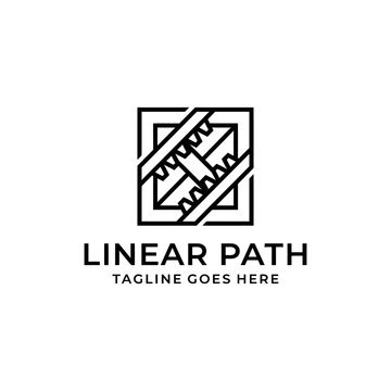 Geometric square logo with diagonal hatch pattern tracks.