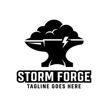Industrial anvil icon combined with storm clouds and lightning bolt.
