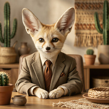 Professional photorealistic portrait of a fennec fox in a beige business suit sitting at a desert-inspired minimalist office desk with cactus and blurred warm background