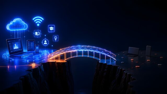 Digital divide and connectivity concept showing a glowing technology bridge connecting an isolated area to cloud computing and internet networks.
