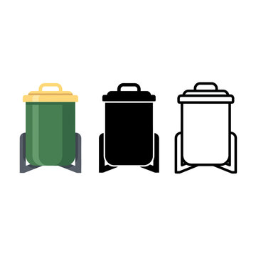 Three different colored trash cans with lids and handles on wheels  green yellow black white