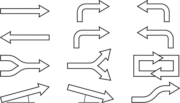 Set of twelve outline arrows showing directions, flow, merge, split, and cycle concepts